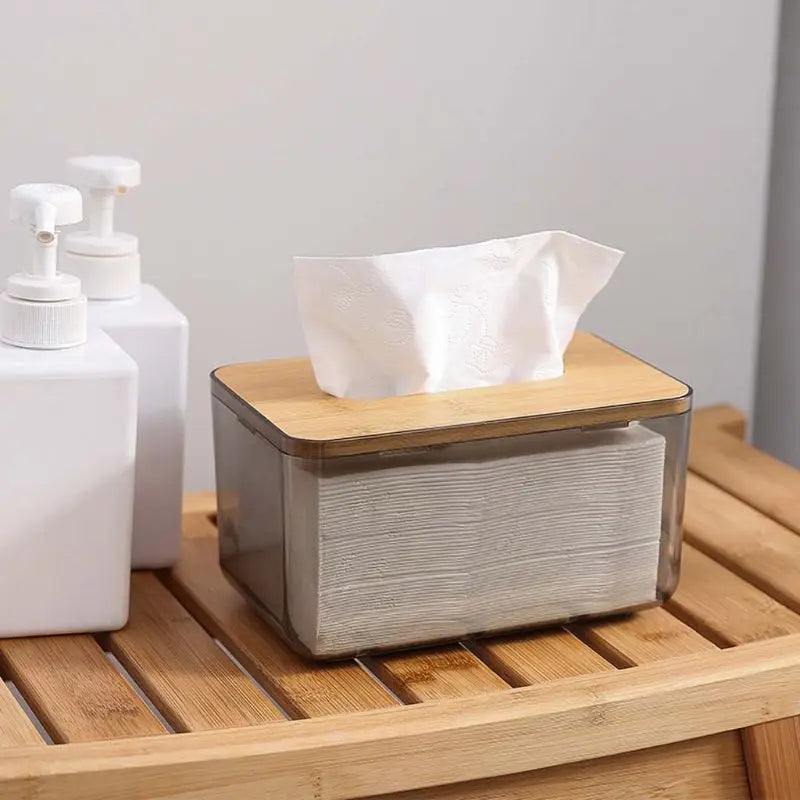 Caja de pañuelos con tapa de madera – Soporte de bambú y plástico 🌿🌿