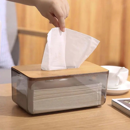 Caja de pañuelos con tapa de madera – Soporte de bambú y plástico 🌿🌿